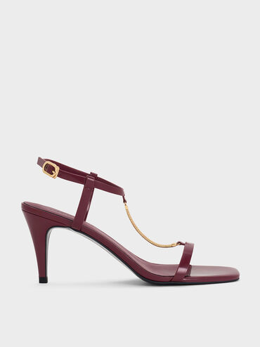 Chain-Strap Square-Toe Heeled Sandals, Burgundy, hi-res