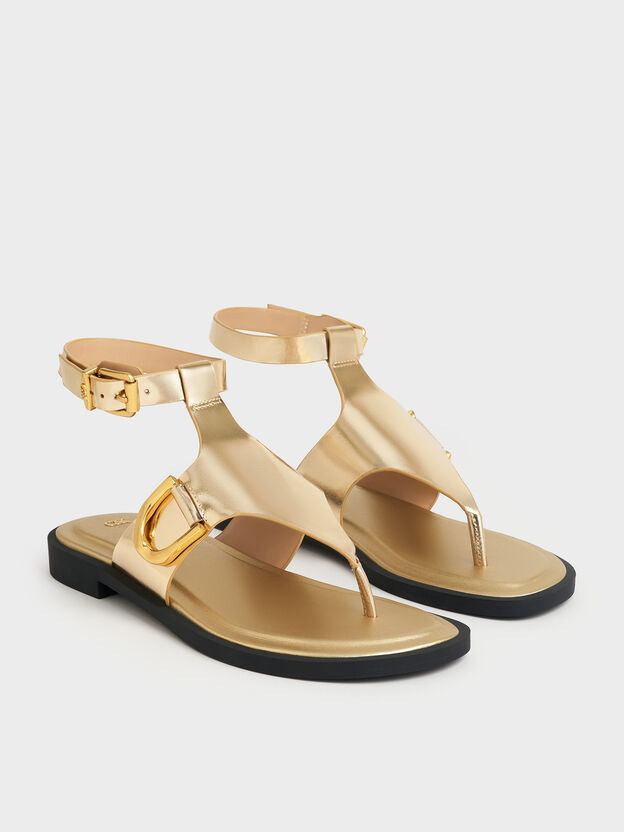 Sandalias de dedo Gabine de piel metalizada con tira al tobillo, Dorado, hi-res