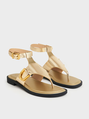 Gabine Metallic Leather Ankle-Strap Thong Sandals, Dorado, hi-res
