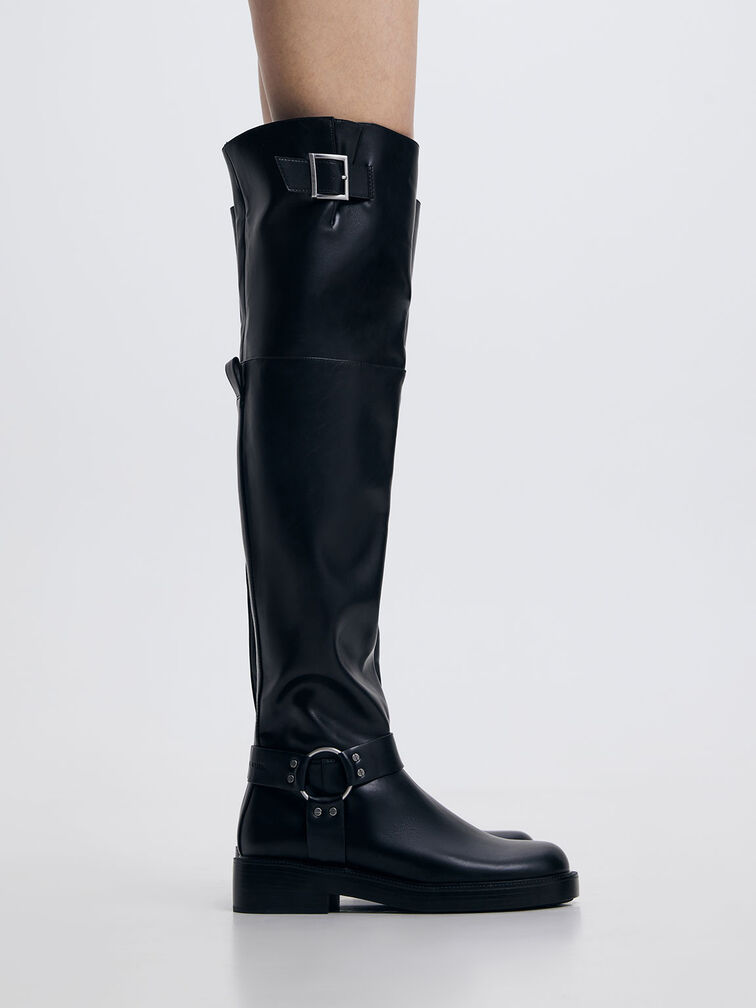 Davina Buckled Thigh-High Boots, Black, hi-res