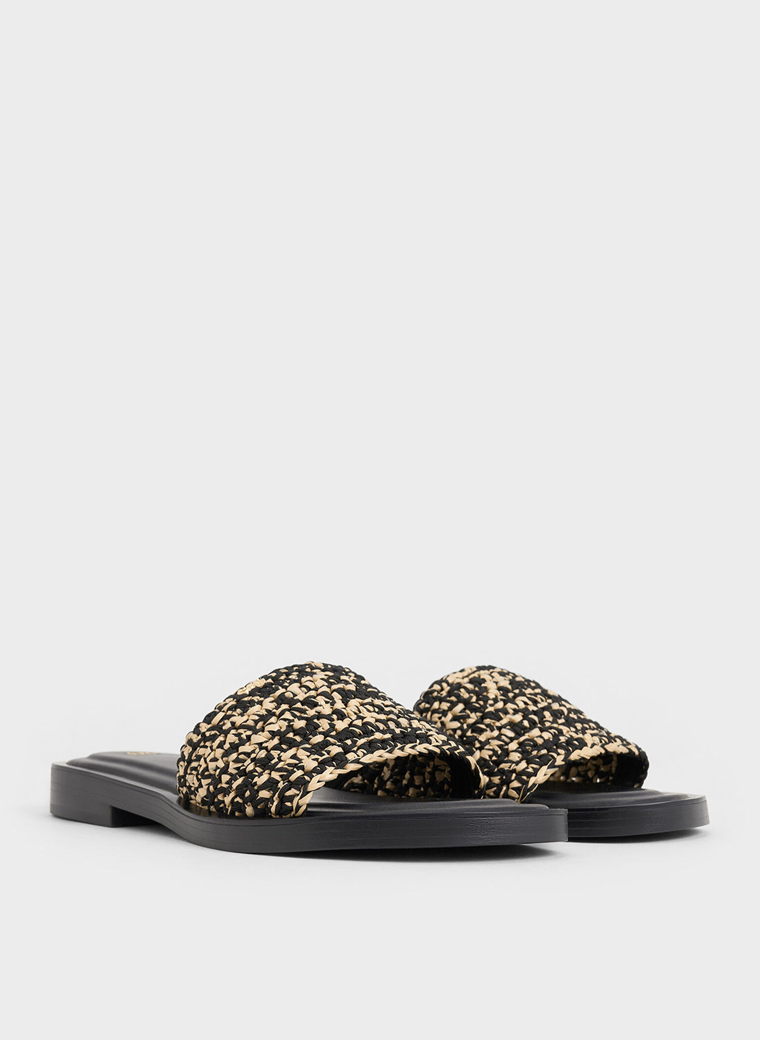 Woven Two-Tone Slide Sandals, Black Textured, hi-res