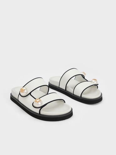 Pearl Embellished Contrast-Trim Slides, White, hi-res