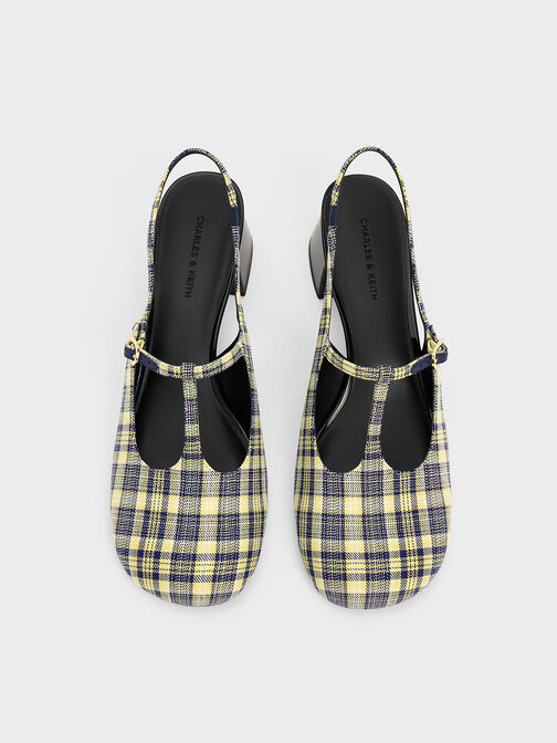 Checkered T-Bar Slingback Mary Jane Pumps, Yellow, hi-res