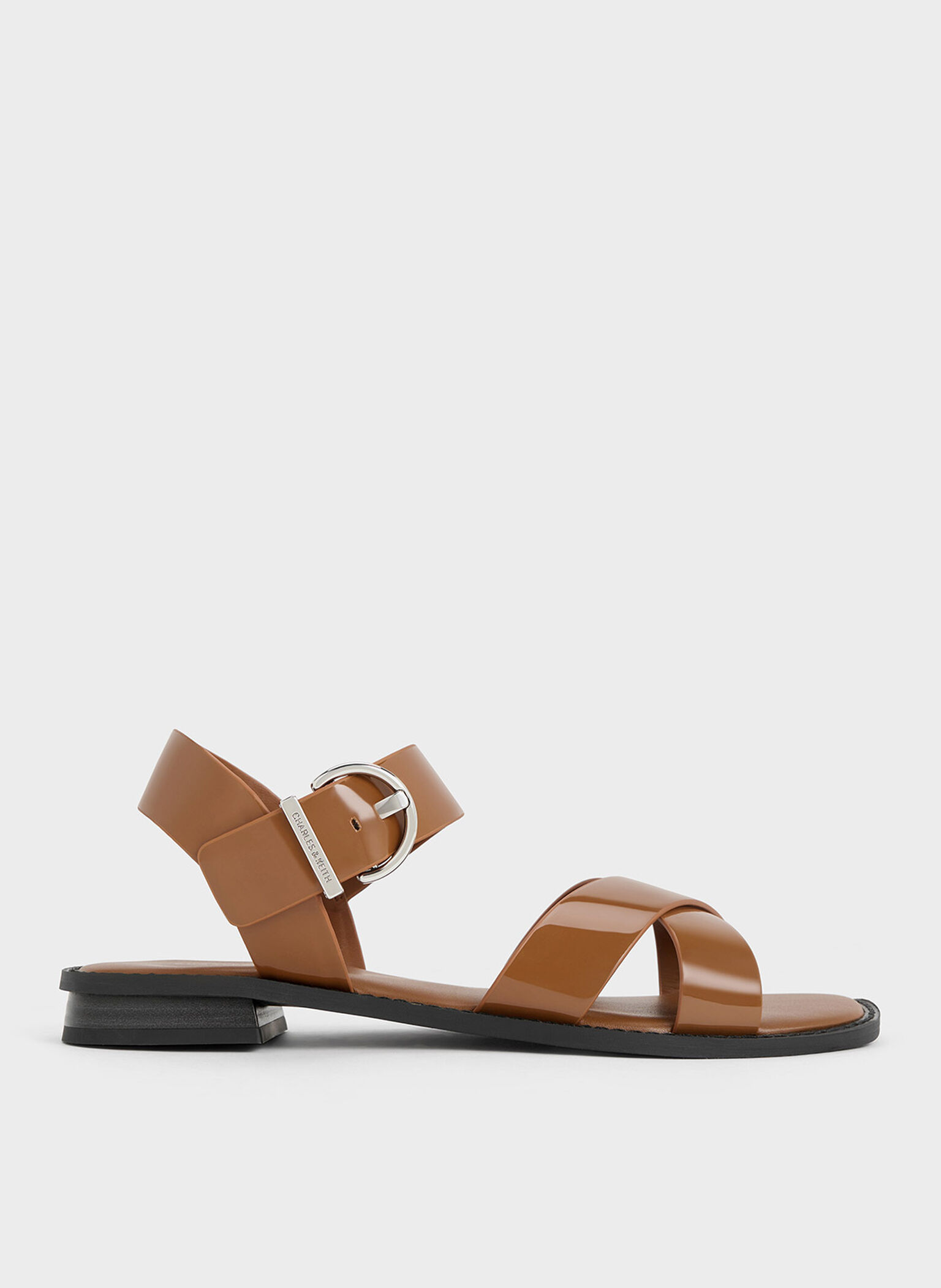 Cognac Patent Crossover Strap Sandals - CHARLES & KEITH SG