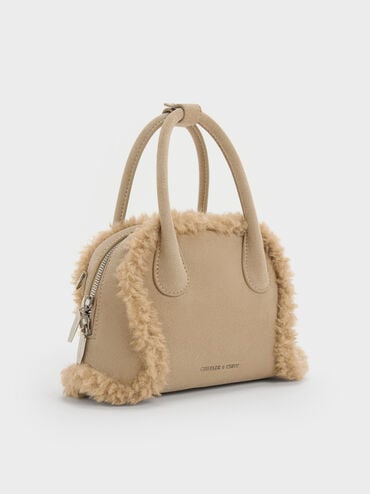 Bolso bowling Nelly de ante reciclado y borrego sintético, Nutmeg Beige, hi-res