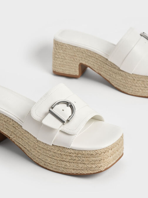 Buckled Platform Espadrilles, White, hi-res