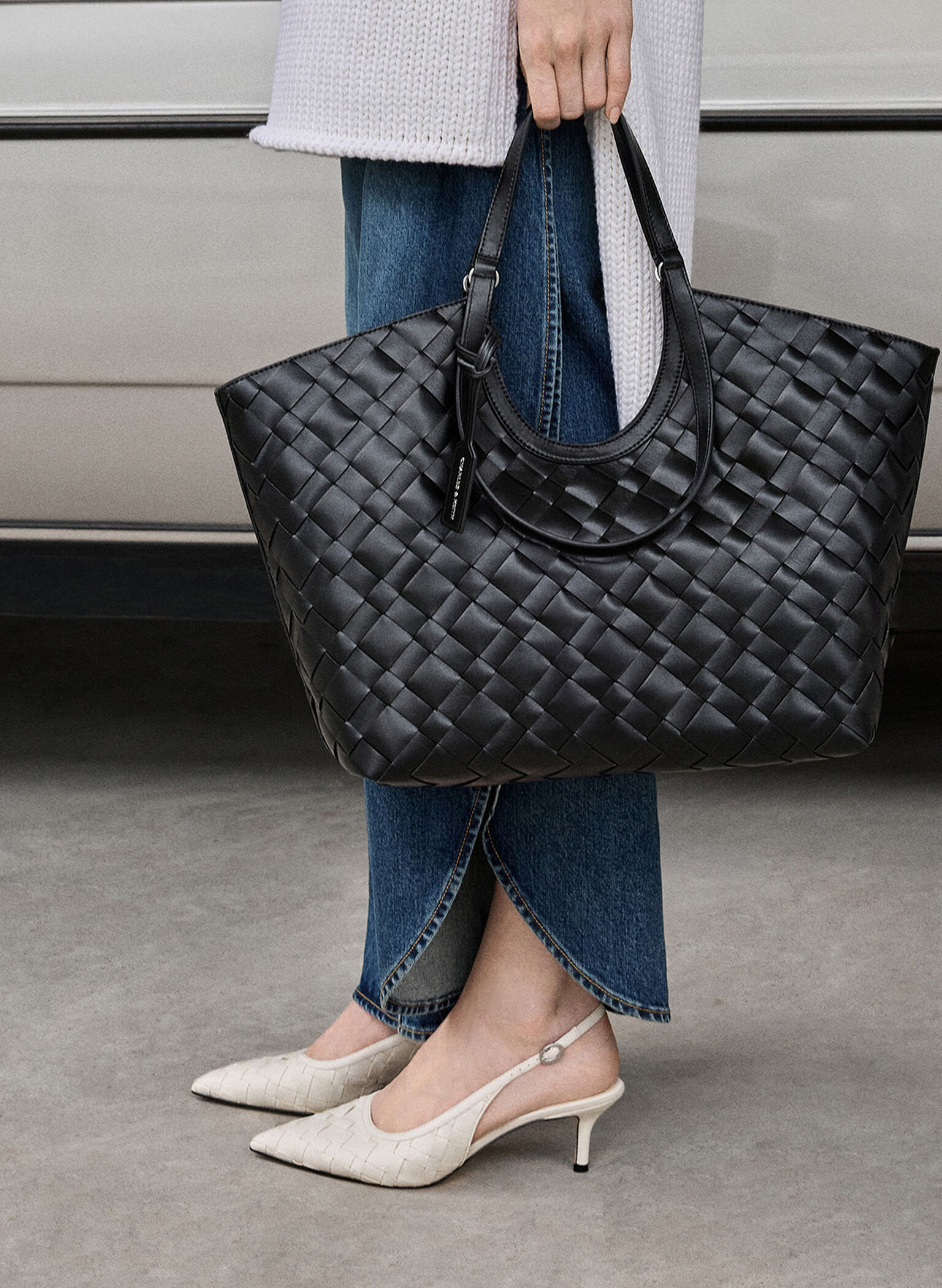 Ivette Woven Pointed-Toe Slingback Pumps, Chalk, hi-res
