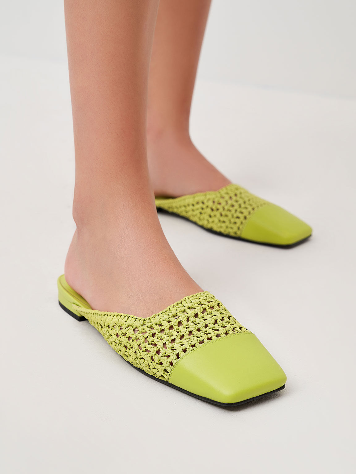 Leather & Raffia Flat Mules, Green, hi-res