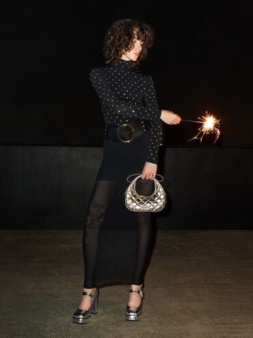 Janie Metallic Quilted Bow-Handle Crescent Bag, Champagne, hi-res