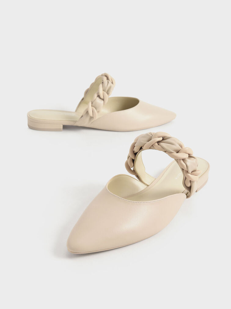 Braided Chain-Link Flat Mules, Chalk, hi-res