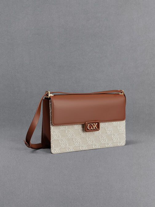 Leather & Canvas Two-Tone Shoulder Bag, Cognac, hi-res