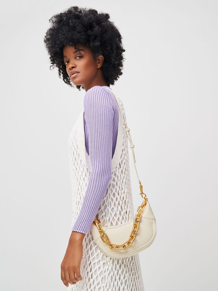 Shalia Chain-Handle Moon Bag, Cream, hi-res