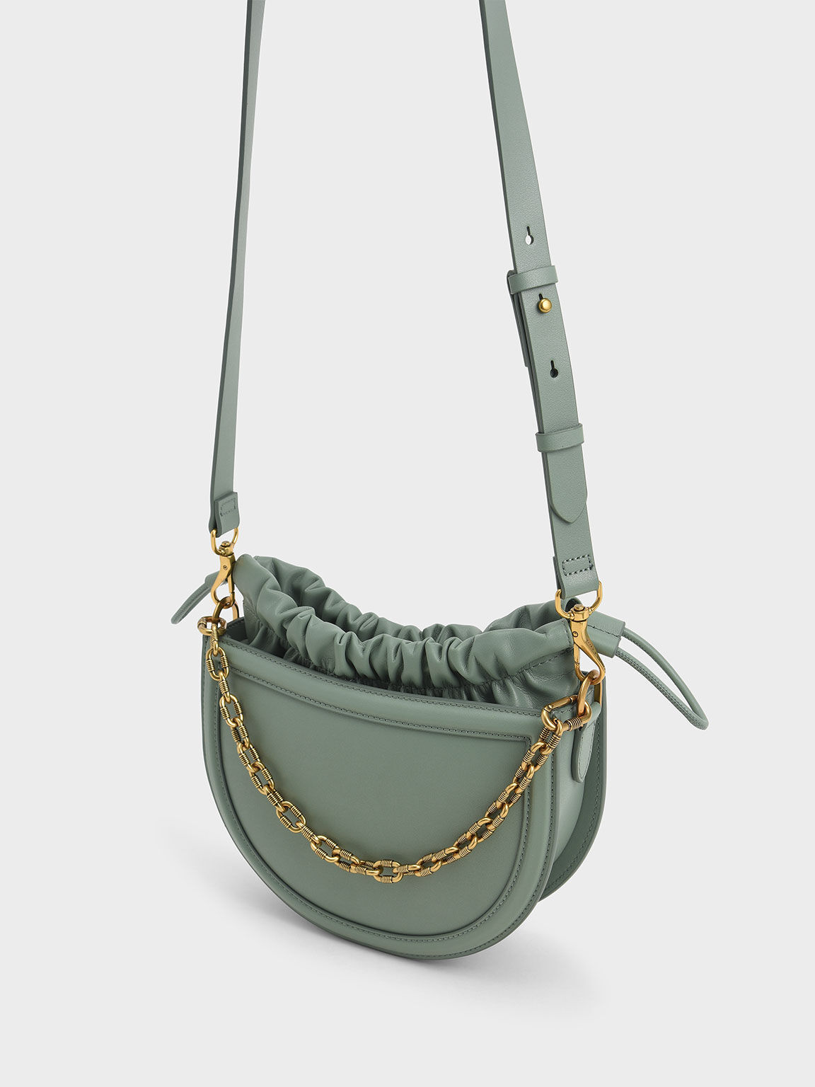 Solange Ruched Chain Handle Crescent Bag - Sage Green