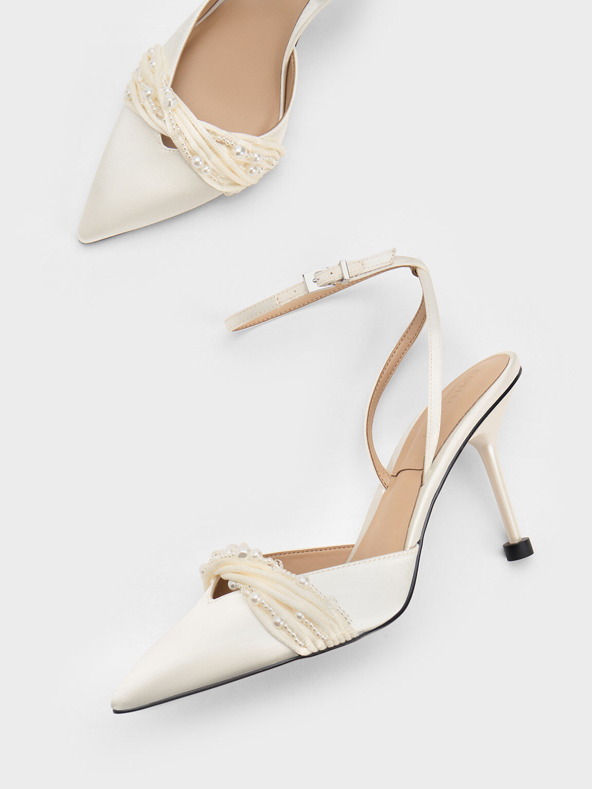 Beaded Satin Ankle-Strap Pumps, White, hi-res