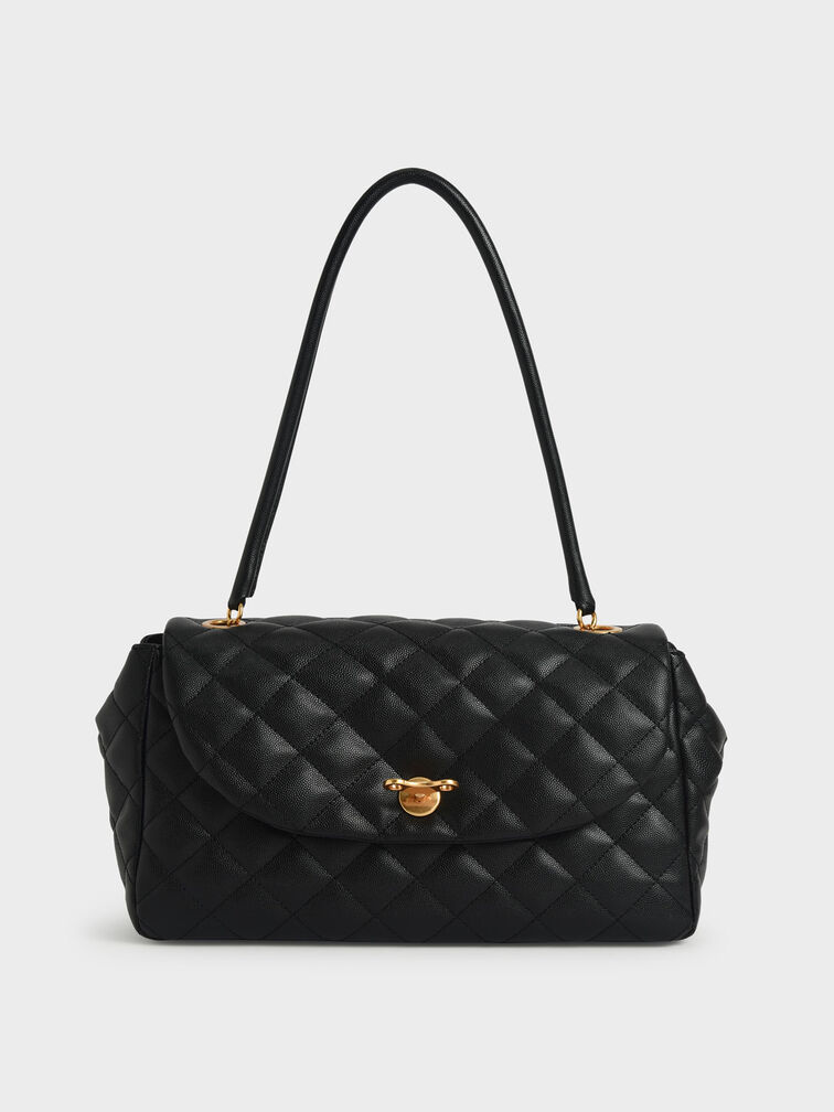 Charles & Keith - Women's Quilted Chain Strap Bag, Black, M