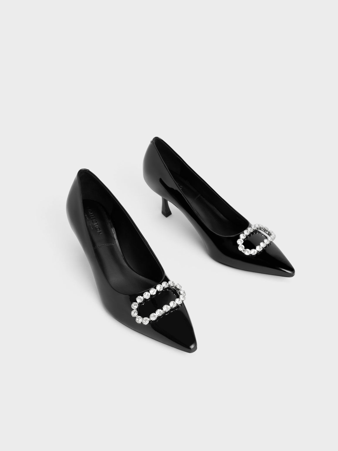 Gem-Embellished Patent Leather Pumps, Black, hi-res