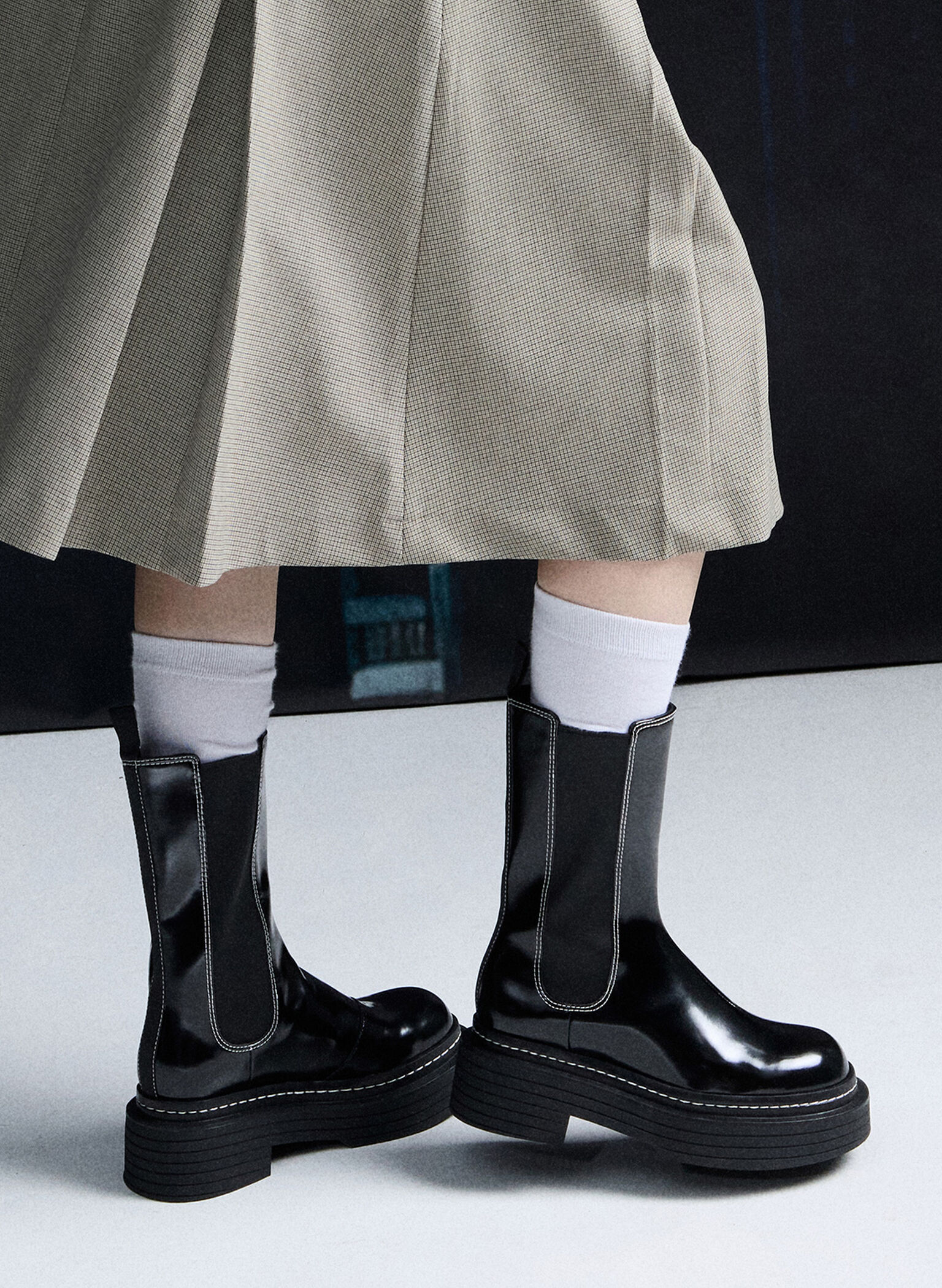 Stitch-Trim Platform Mid-Calf Chelsea Boots, Black Box, hi-res