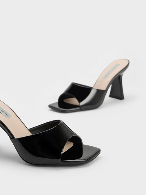 Patent Square Toe Heeled Mules, Black Patent, hi-res