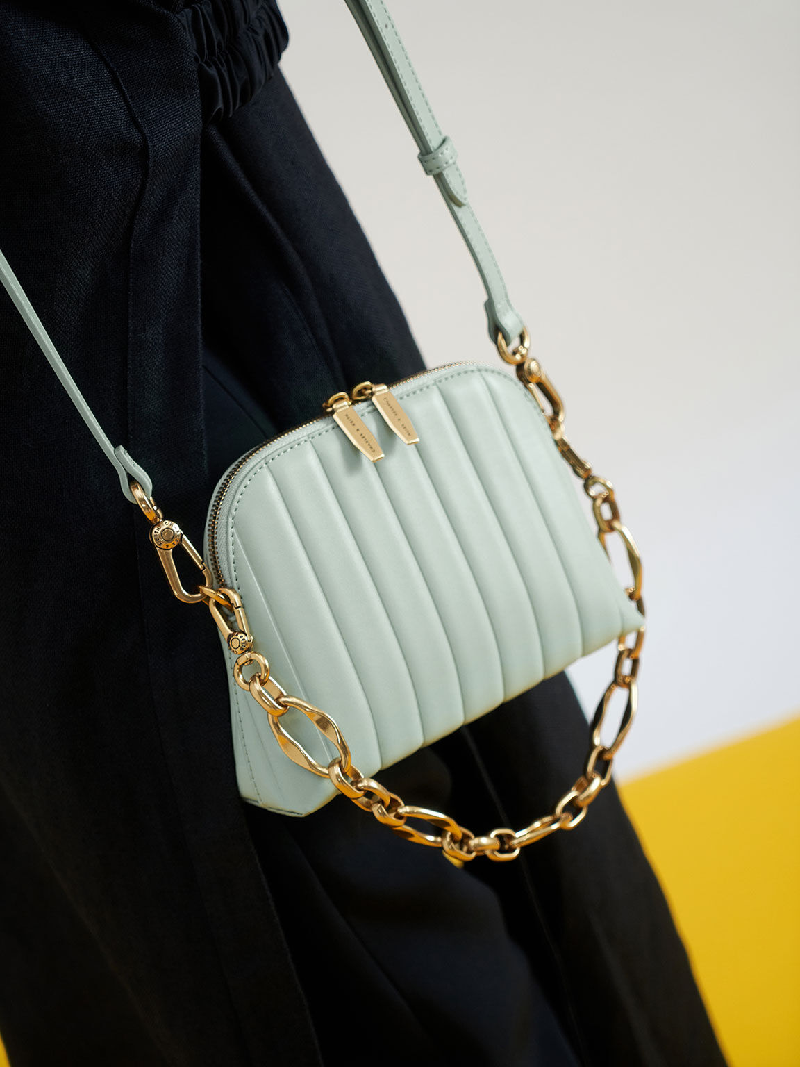 Chain Handle Panelled Crossbody Bag, Mint Green, hi-res