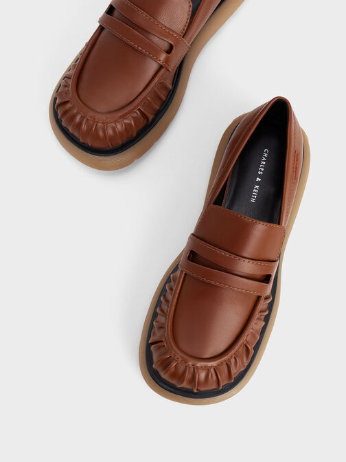 Ruched Ridged-Sole Penny Loafers, Cognac, hi-res