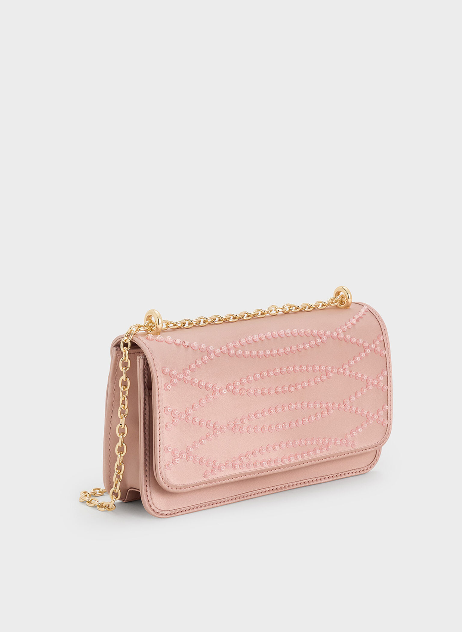 Mini bolso de satén con cadena y lentejuelas, Rosa bailarina, hi-res