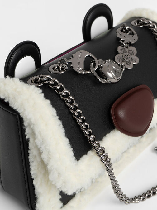 Lotso Fur-Trim Front Flap Bag, Black, hi-res