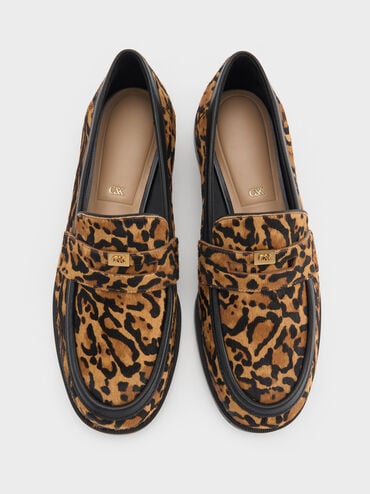 Georgina Calf Hair Leopard-Print Metallic-Accent Penny Loafers, Animal Print Brown, hi-res