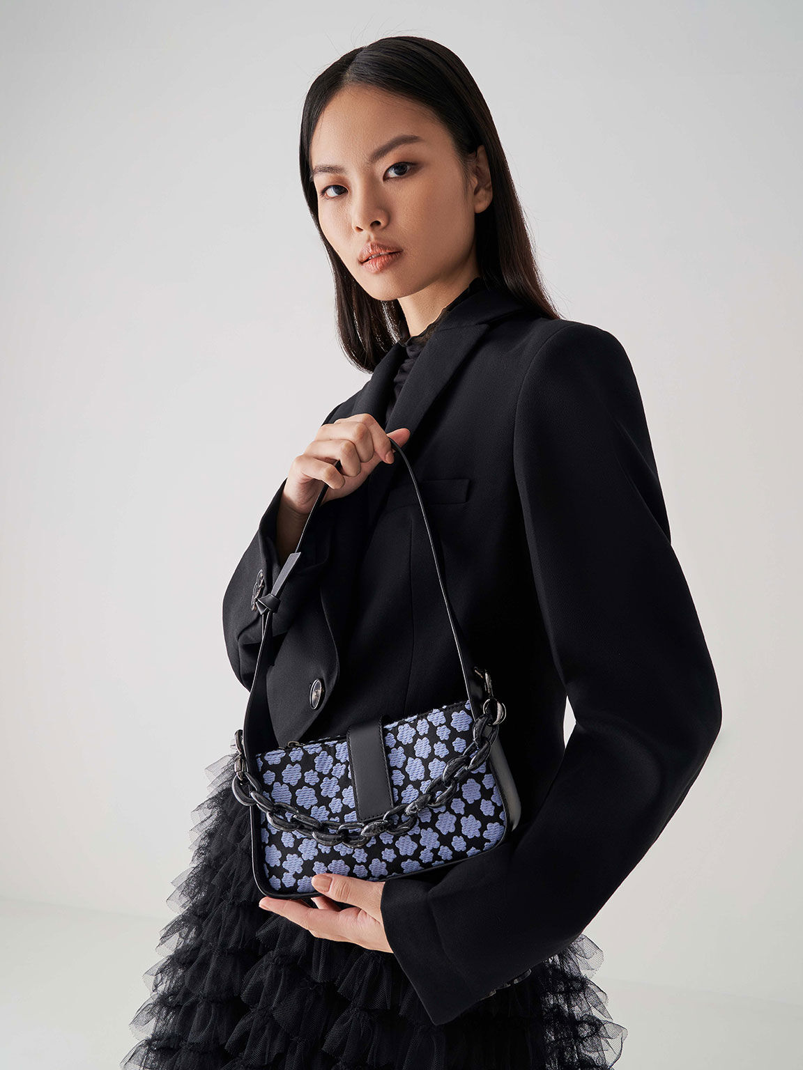 Jacquard & Leather Printed Chain-Link Bag, Blue, hi-res