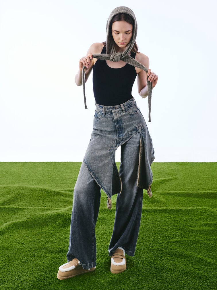 毛毛厚底懶人鞋, 柔沙色, hi-res