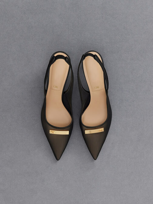 Mesh Pointed-Toe Slingback Pumps, Black Textured, hi-res