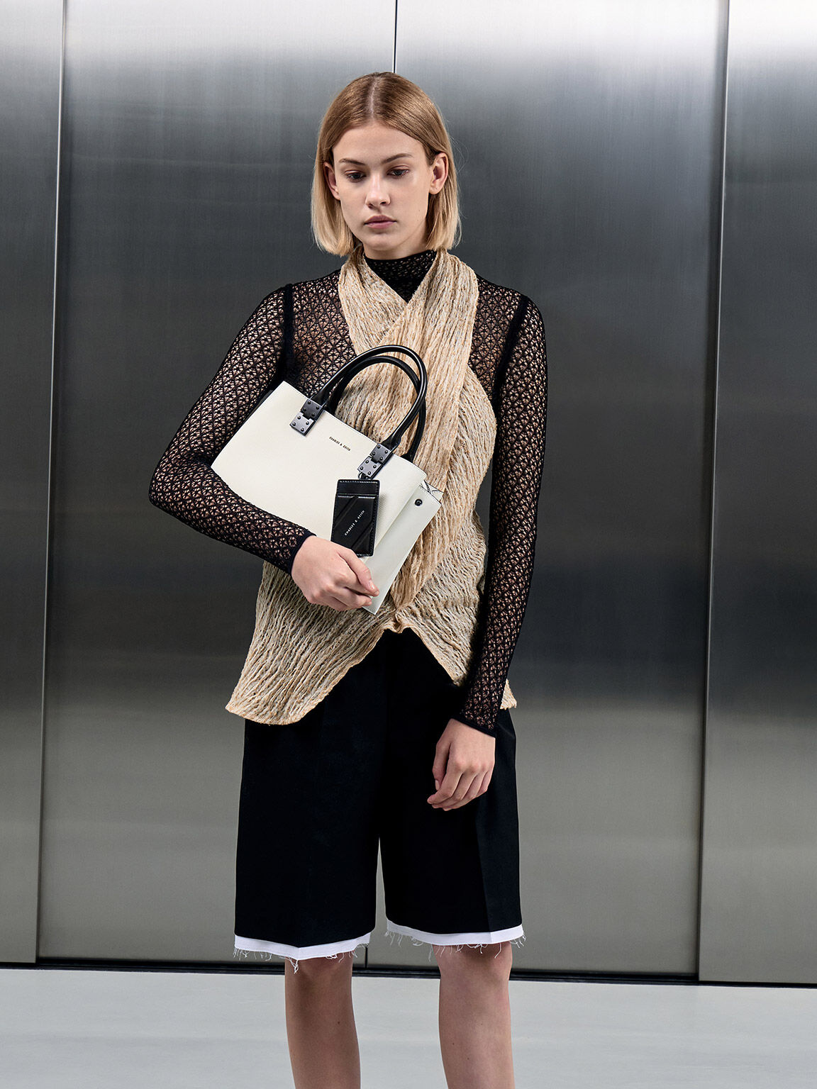 Double Top Handle Structured Bag White