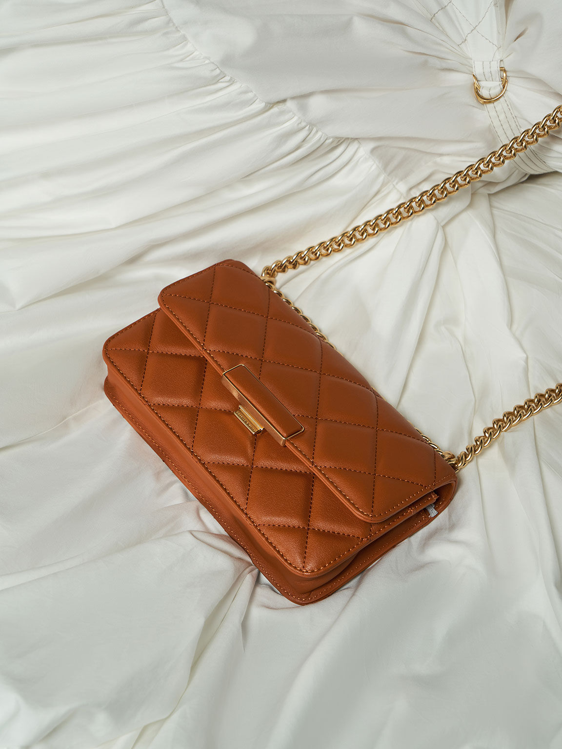 Quilted Leather Chain-Handle Bag, Cognac, hi-res
