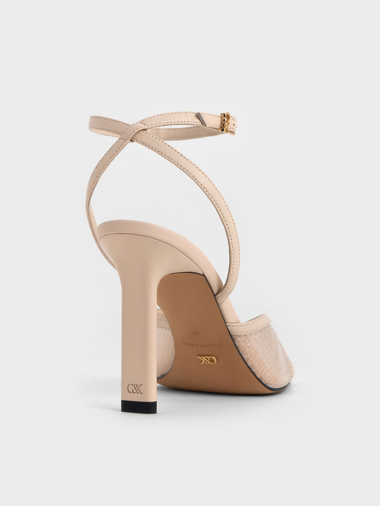 Sequin Mesh & Leather Ankle-Strap Heeled Sandals, Nude, hi-res