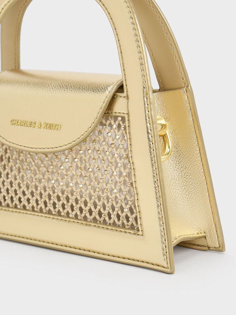 Este Metallic Crystal-Embellished Top Handle Bag, Gold, hi-res