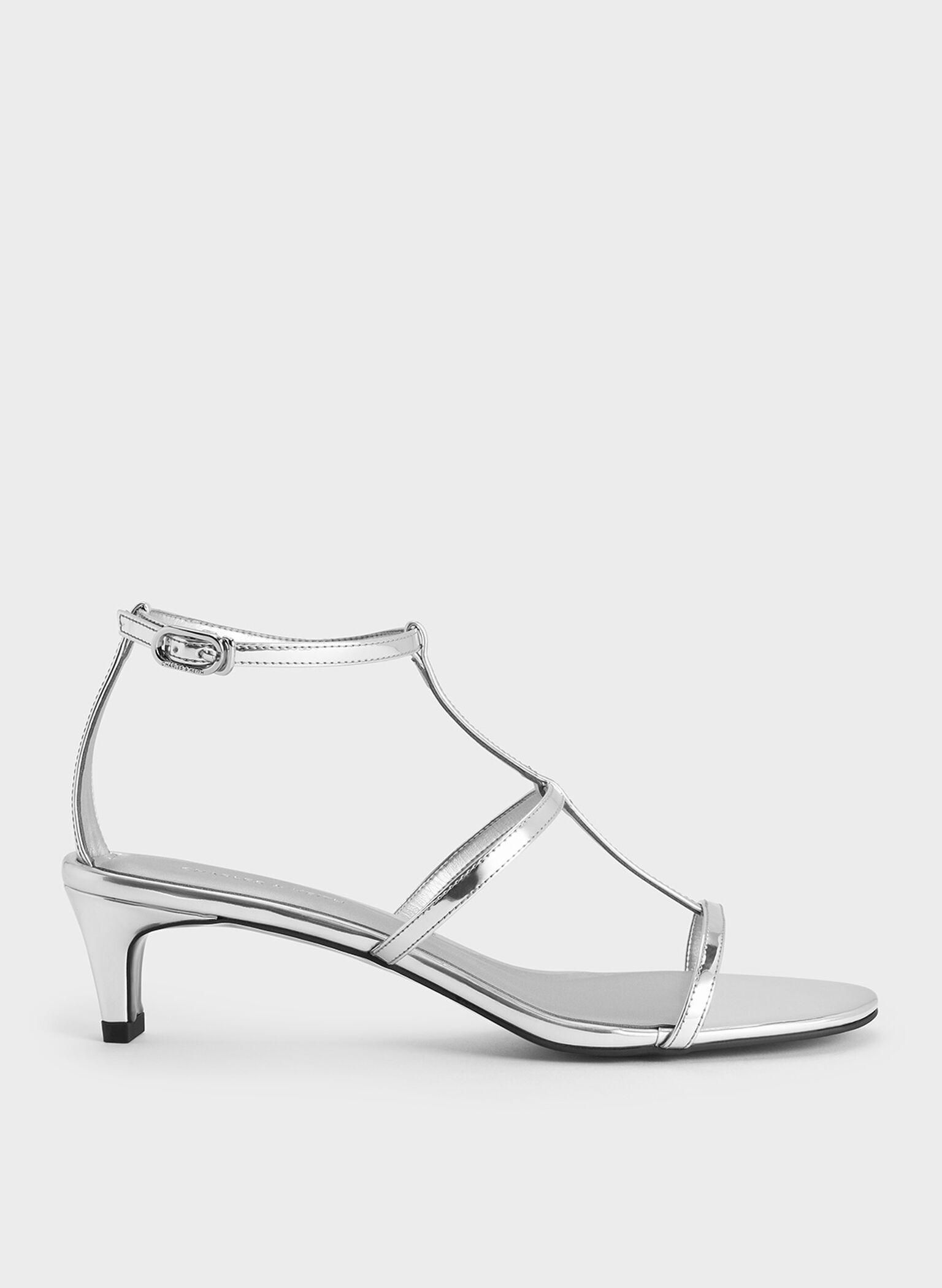 Metallic T-Bar Kitten-Heel Ankle-Strap Sandals, Silver, hi-res