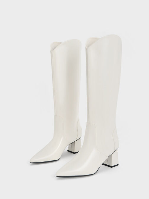 Lucinda Trapeze-Heel Knee-High Boots, White, hi-res