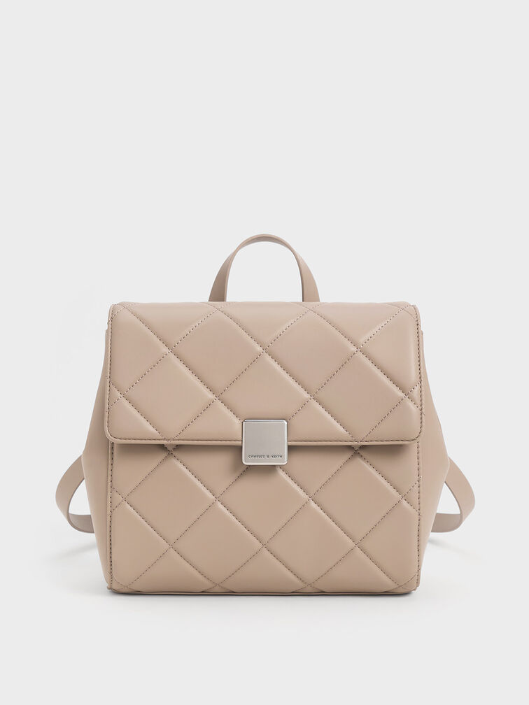 Faux Leather Quilted Convertible Backpack - Beige