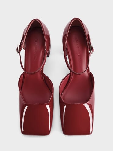Patricia Patent Square-Toe D'Orsay Ankle-Strap Pumps, Burgundy, hi-res