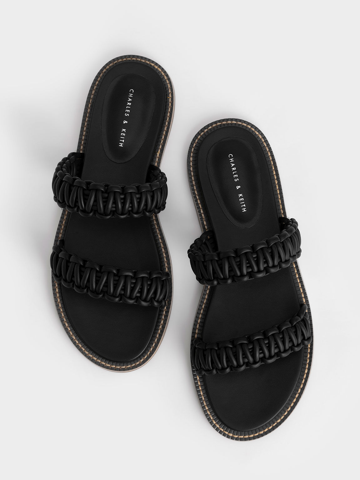 Braided Strap Slide Sandals, Black, hi-res