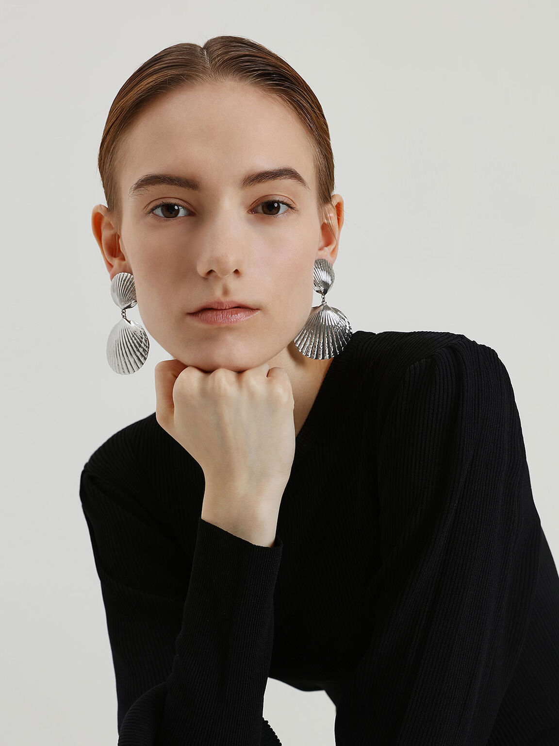Round Seashell Drop Clip-On Earrings, Silver, hi-res