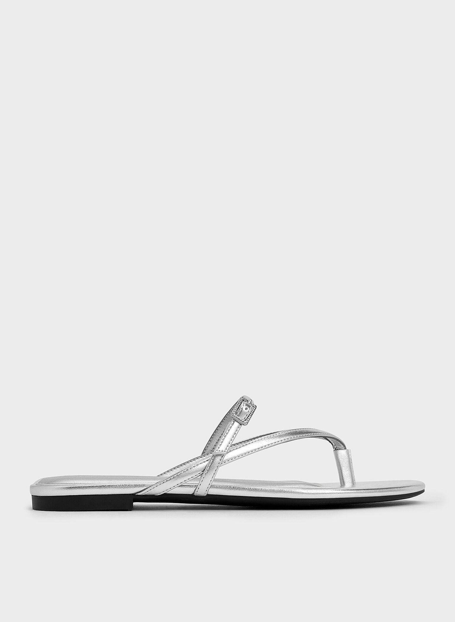 Metallic Crystal-Buckle Strappy Thong Sandals, Silver, hi-res