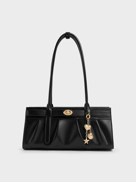 Bolso de hombro Isolde fruncido con cintur&oacute;n, Negro, hi-res