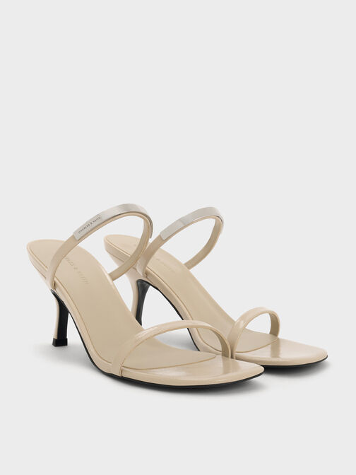 Patent Metallic-Accent Double-Strap Heeled Sandals, Beige, hi-res