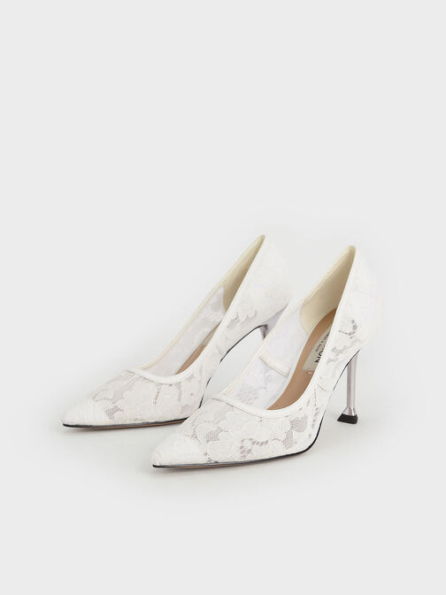 Lace & Mesh Pumps, White, hi-res