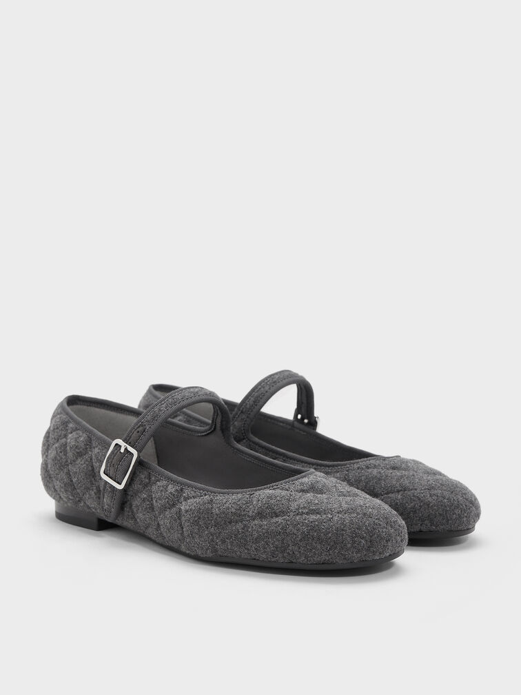 Carmel Felt Quilted Buckled Mary Jane Flats, Grey, hi-res