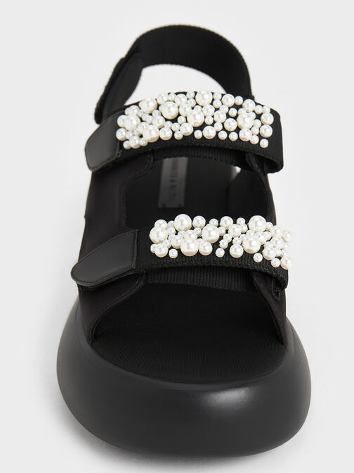 Beaded-Strap Sports Sandals, Black Textured, hi-res