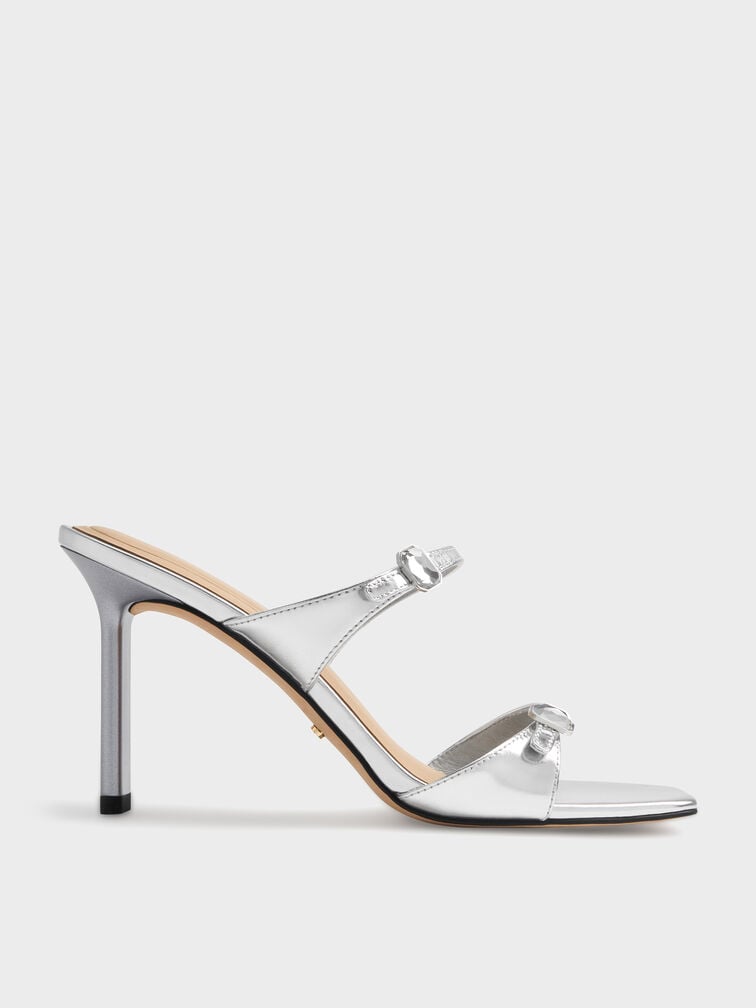 Metallic Leather Gem-Buckle Double-Strap Heeled Sandals, Silver, hi-res