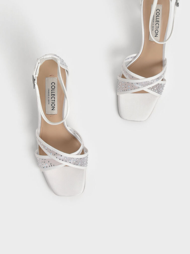 Blythe Mesh & Satin Embellished Sandals, White, hi-res