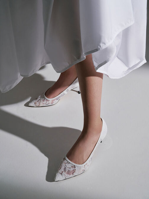 Lace Sculptural Heel Pumps, White, hi-res