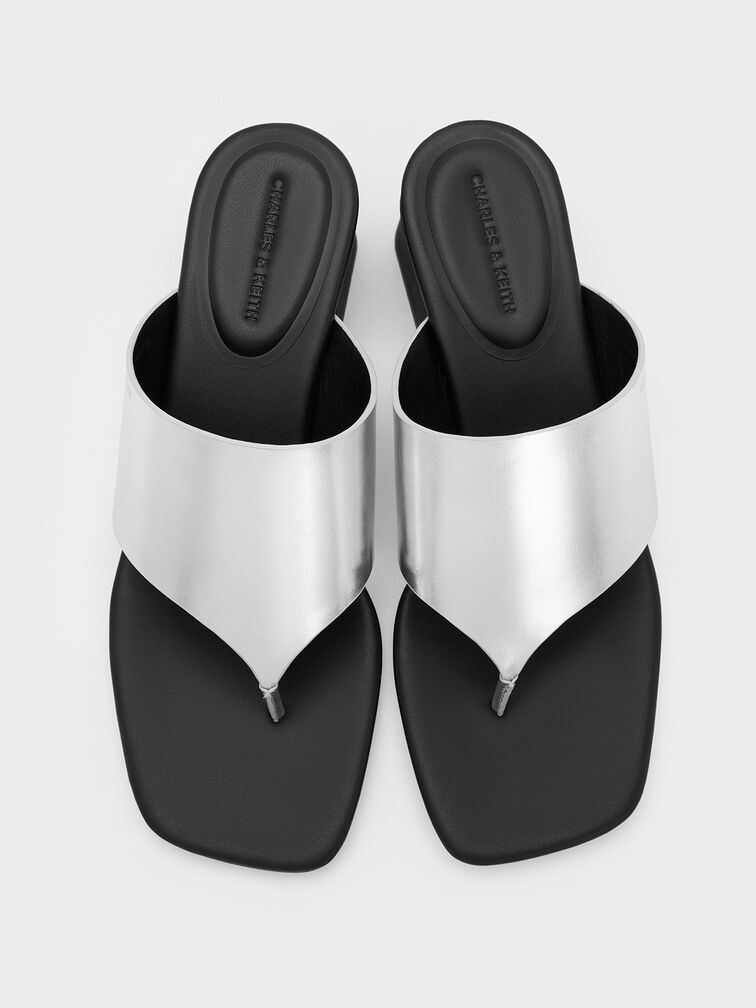 Metallic Square-Toe Heeled Thong Sandals, Silver, hi-res